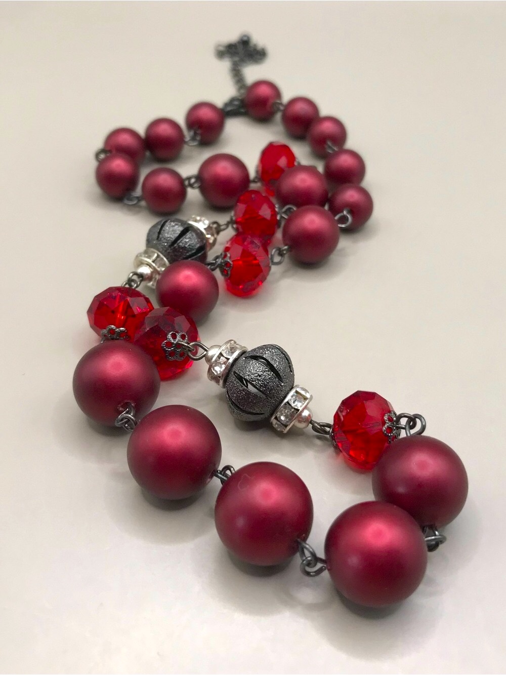 Matte Burgundy Beaded Necklace with Red AcrylicCrystal Accents